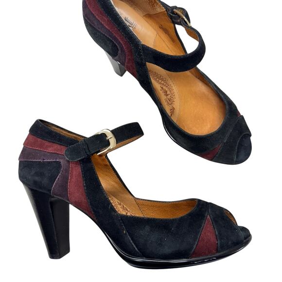 Sofft Black Red Suede Leather Peep Toe Mary Jane Heels Womens 7 Retro Classic - Picture 1 of 10